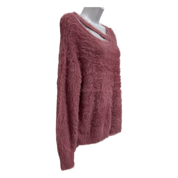 Ivory Rose Womens Size L Fuzzy Pink Asymmetrical Cutout Sweater Y2K Whimsygoth - Picture 5 of 12